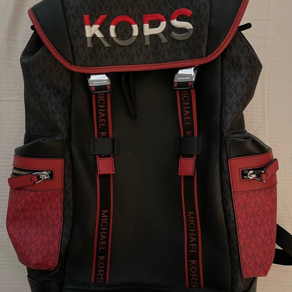 Michael Kors Mens Cooper Flame Red Two Tone Logo and Leather Backpack - Picture 2 of 3